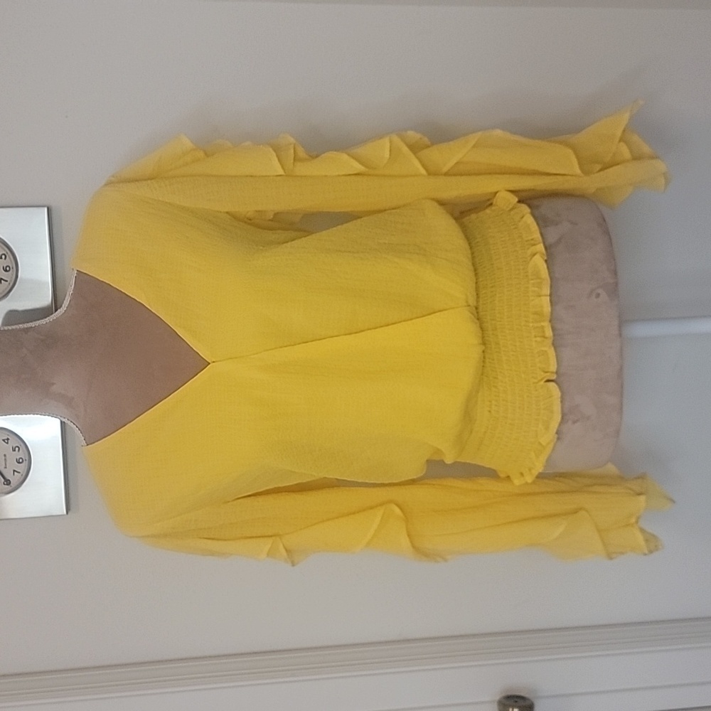 Pink Lily Bright Yellow Gauzy Blouse. Ruffled Sleeves, Size S, NWOT